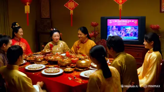 大年30，除夕夜，一家人围坐在饭桌上吃着团圆饭，电视播着春节节目，窗外正在放着烟花，流露出年味的味道 by Hailuo AI Video Generator