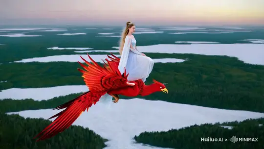 一个身穿霞衣的仙女。骑着一只红色的凤凰。飞过林海雪原。 by Hailuo AI Video Generator