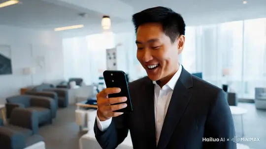 一个身穿西装的中国男人，满脸开心地在办公室里打电话，镜头逐渐拉远展示办公室的宽大环境，画面色调自然 by Hailuo AI Video Generator