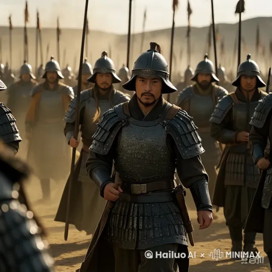 分镜头：中景
主体：古代士兵队伍
场景：辽阔的边疆，古代士兵们穿着汉朝的盔甲，行军的队伍绵延不绝，尘土飞扬。
风格：悲壮、苍凉
运动：镜头跟随士兵队伍移动，展现他们坚定的步伐和疲惫的面容，盔甲在阳光下闪耀。 by Hailuo AI Video Generator