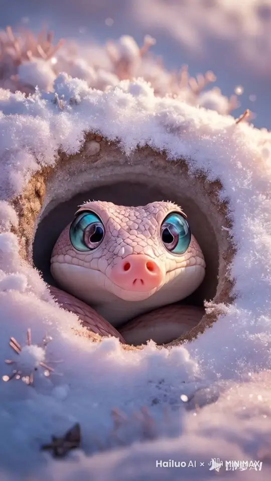 The baby hognose snake sticks its head out of the cave opening and looks out cautiously. by Hailuo AI Video Generator