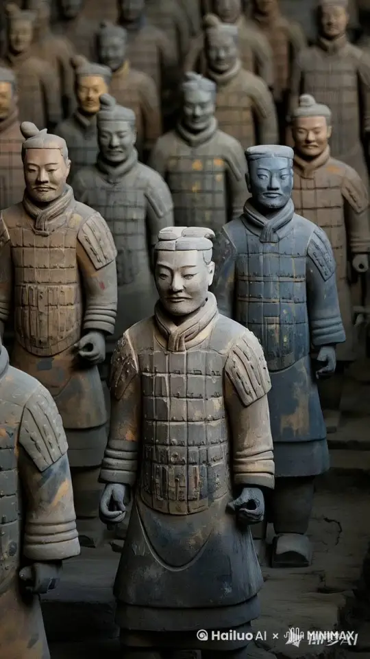 所有兵马俑蹦迪跳舞，动作协调自然，所有兵马俑面部和头部手和手臂都正常没有一点瑕疵和凹凸，严格按照创意描述词生成 by Hailuo AI Video Generator