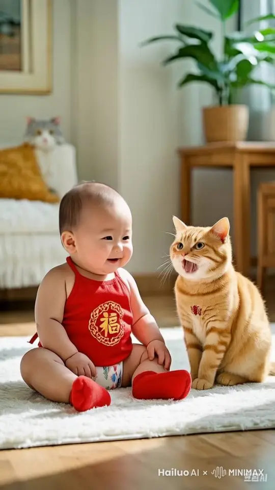 娃娃哈哈大笑，拍手鼓掌，猫也拍手鼓掌哈哈大笑，猫连续跳跃三次，最后猫和婴儿拥抱，拍后背安抚对方。温馨和美的画面。 by Hailuo AI Video Generator