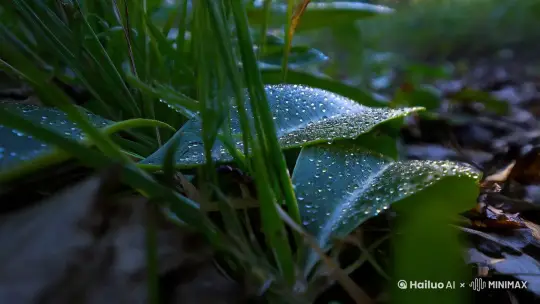 微距镜头缓慢移动，森林中，大雨过后的傍晚，草叶子上有露珠，一只蚂蚁在叶子上爬行，超清晰，电影级，超真实 by Hailuo AI Video Generator
