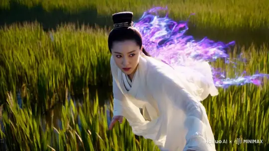 主题：古装女侠在芦苇荡上空的神秘飞行特质：神秘、灵动、飘逸艺术参考：中国古典绘画风格 + 安妮·莱博维茨的光影运用技术参数：  - 主体：一位身着白衣、英姿飒爽的古装女侠，面部表情坚定，眼神锐利，身上的衣物随风飘动。  - 光线：透过芦苇荡的斑驳阳光，照亮女侠的身影，在她身上形成明暗交错的光影，突出其神秘光芒物质的闪烁效果。  - 色彩：以自然的绿色芦苇和女侠身上纯净的白色为主色调，神秘光芒物质呈现出淡蓝色或淡紫色的微光。  - 景深：浅景深，突出女侠主体，背景芦苇荡适度虚化，营造层次感。  - 构图：采用动态构图，女侠位于画面中心偏下，芦苇荡在上方和两侧形成包围态势，增强纵深感和动感。  - 动作：女侠身姿轻盈，快速低飞穿行于芦苇荡间，双手舞动，衣袂飘飘，神秘光芒物质随着动作闪烁流动 by Hailuo AI Video Generator