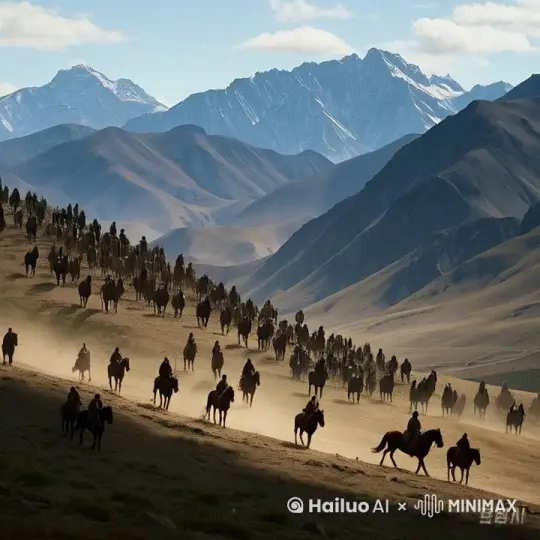 分镜头：俯视
主体：胡人的大队骑兵向前奔跑
场景：阴山山脉，古代胡人的骑兵在山脚下徘徊，不得逾越。
风格：雄壮、威严
运动：镜头从山顶俯瞰，展现山脉的雄伟和胡马的无奈。 by Hailuo AI Video Generator