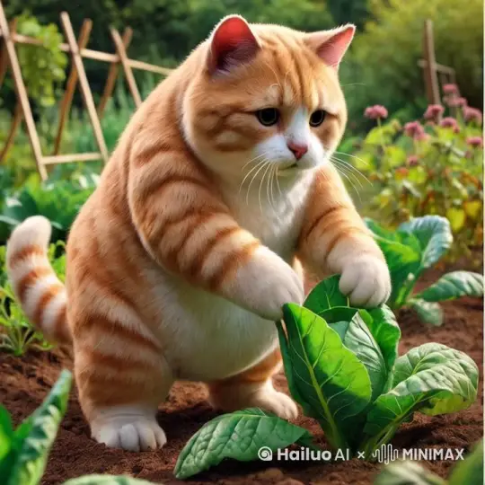 胖橘猫猫用两只前爪抓住菜，提起来。露出白色的菜根，动作略大一点。 by Hailuo AI Video Generator