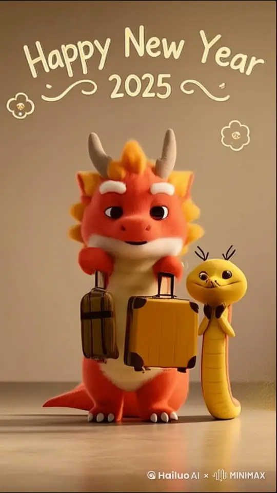 左边主体转向侧面，拿上手里的箱子挥手拜拜，他们的眼神中流露出对观众的感激与尊重。他们身着的服饰上，细腻地绣着龙的图案，代表着即将离去的龙年，而他们的手中，各自握着一条色彩斑斓的蛇形装饰，预示着蛇年的到来。
右边主体向前走来，拿出了一幅精心准备的横幅，上面用璀璨的金色字体写着“新年快乐”，为这个场景增添了节日的喜庆气氛。横幅的边缘，巧妙地融入了蛇的图案，与他们手中的蛇形装饰相呼应，象征着新年的更迭。
“8K画质”捕捉了每一个细腻的瞬间，而“流光溢彩”则在金粉和横幅的金色字体中得到了完美的诠释。 by Hailuo AI Video Generator