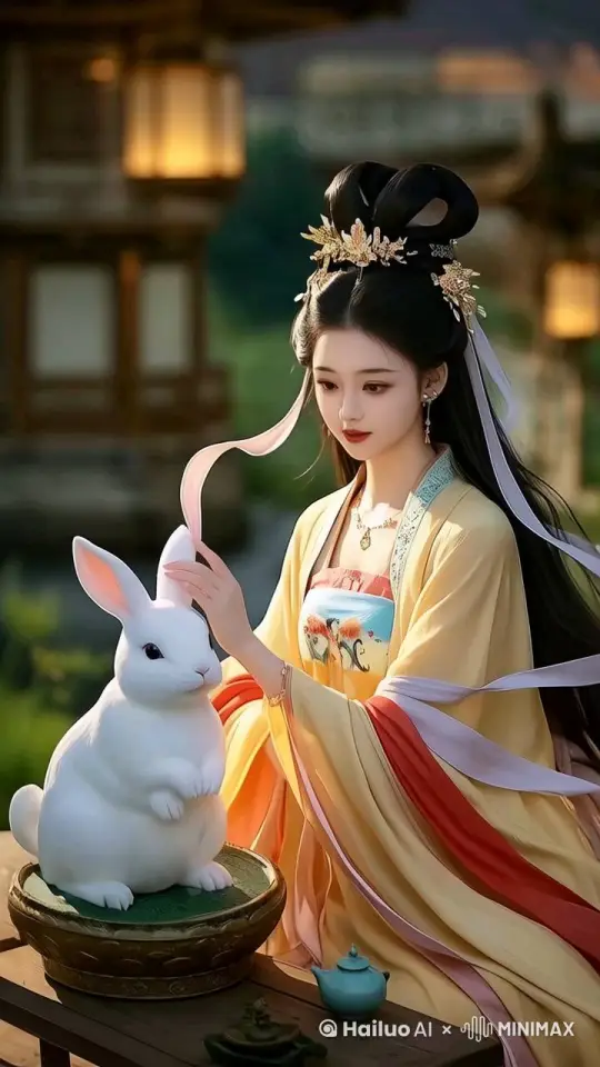 美女衣带飘飘，与小兔子亲密互动。画面整体呈动态，符合逻辑，自然逼真，极致细节。美女动作自然逼真，眼睛明亮灵活，表情自然逼真，镜头跟拍，超真实动态捕捉，人物脸部不变形，五指清晰不变形，物体清晰不变形，画面清晰不模糊，高质量，没有瑕疵，32K超清，没有不符合逻辑的怪动作。 by Hailuo AI Video Generator