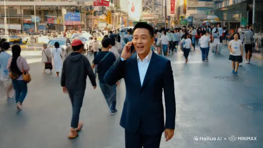 一个身穿西装的中国男人，满脸开心地在繁华的街道上边走边打电话，镜头逐渐拉远展示整个城市街道的大环境，画面色调自然 by Hailuo AI Video Generator