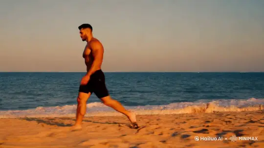 一个肌肉猛男在海边散步 by Hailuo AI Video Generator