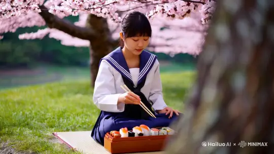 日本水手制服女高中生在樱花树下吃日本料理，1分钟时长 by Hailuo AI Video Generator