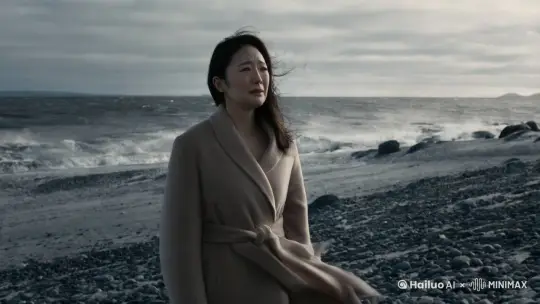 模仿电影，海边的曼彻斯特，生成一个在北欧海滩一个25岁左右的令人惊艳日本女人独自望向大海，她长着天使般的面孔，凹凸有致的身村，但脸上充满悲伤，似乎还有点啜泣。要有萧瑟冷清的感觉
 by Hailuo AI Video Generator