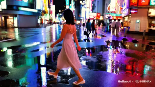 一位身穿吊带裙的时髦年轻女人走在日本东京雨后的街头，身后霓虹闪烁、游人穿梭，地面上的积水映出光怪陆离的城市倒影。跟随她自信的脚步，镜头移动，水中倒影变幻，与繁华的街头交相辉映。切换到脸部特写，女人展露出惬意的笑容，墨镜映照出这座城市的灵动镜像 by Hailuo AI Video Generator