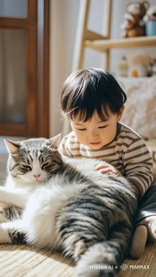 "温馨的家庭场景，一只可爱的狸花猫和一个开心的婴儿深情对视，随后一起面对镜头，紧紧抱在一起。婴儿笑得非常开心，猫咪显得温顺而友好。自然光线照亮场景，背景是舒适的家庭环境，充满温暖和爱的氛围。图像细节丰富，色彩柔和，构图平衡，焦点集中在猫和婴儿的互动上。" by Hailuo AI Video Generator