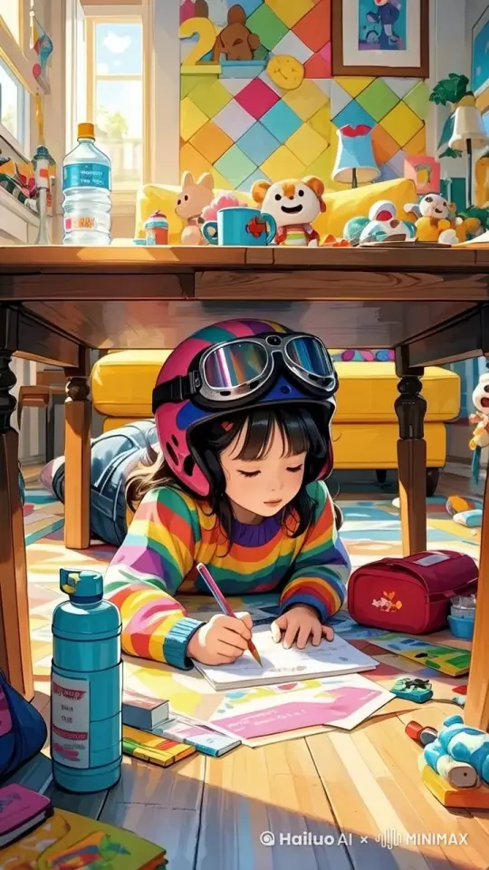 小女孩趴在桌子下，认真写作业，时不时地抬起头 by Hailuo AI Video Generator