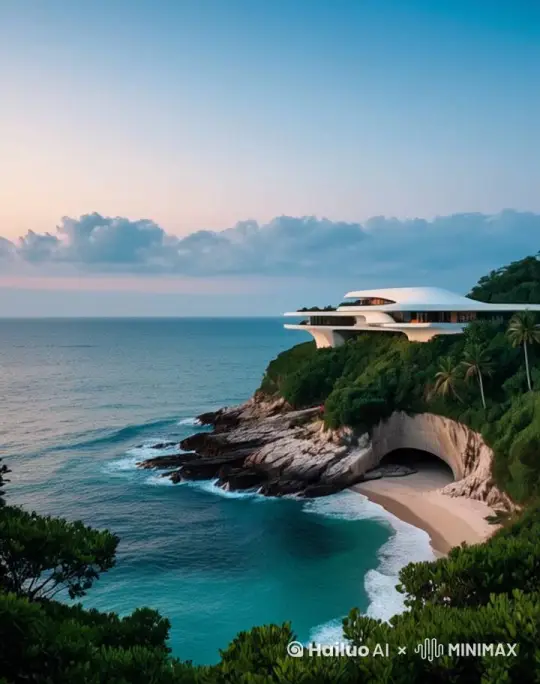 天空云随风流动，海浪滚滚，海浪吹道镜头前，近处的树被大风吹的疯狂摇摆，镜头前推 by Hailuo AI Video Generator