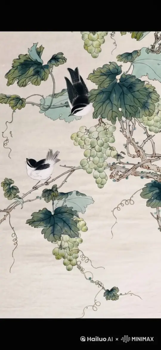 两只灵动的小鸟，一只飞翔…阳光的照射 树叶的颤动…葡萄的摆动 by Hailuo AI Video Generator