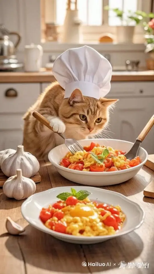 猫咪满意地看着锅里色香味俱全的西红柿炒鸡蛋，关掉炉灶。它拿起铲子，小心翼翼地把菜盛到一个精美的盘子里，接着，猫咪费力地端起盘子，一步一步地走到餐桌旁，把盘子轻轻放在餐桌上。它自己也跳上旁边的椅子，坐在那里，尾巴优雅地摆动着，眼睛紧紧盯着盘子里的菜，“喵喵”地叫了几声，仿佛在向全世界宣告自己的成功。
 by Hailuo AI Video Generator
