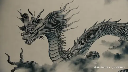 水墨风格中国龙，用浓淡相宜的墨色勾勒出矫健身形，龙睛以焦墨点睛，炯炯有神，龙身若隐若现于水墨氤氲的云雾中，爪子刚劲有力，仿佛要破纸而出，留白之处尽显灵动 by Hailuo AI Video Generator