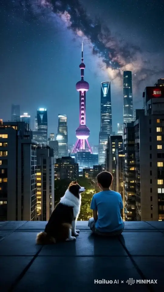 夜色天空上方突然迸发出许多绚丽夺目非常耀眼的烟花，霎时间天空被烟火照亮，营造出一种盛大浪漫、梦幻瑰丽的氛围。男孩和狗都惊讶的抬头看向天空的烟花 by Hailuo AI Video Generator