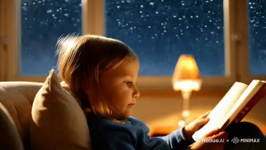 夜幕下，窗外下的雨，小女孩正在屋里看着书。微微的光打在侧脸上，洋溢着平静与希望。 by Hailuo AI Video Generator