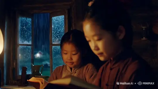 夜幕下，窗外下的雨，古朴的老房子里，中国小女孩正在屋里看着书。微微的光打在侧脸上，洋溢着平静与希望。 by Hailuo AI Video Generator