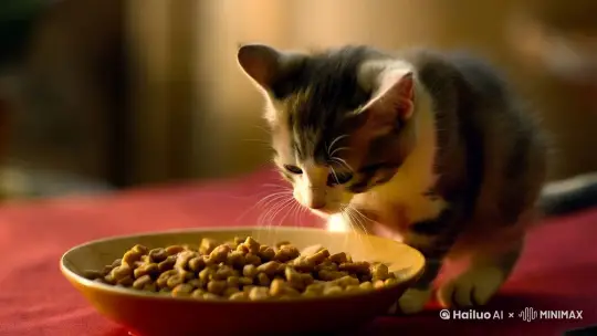 现在一只小猫正在吃猫粮，能够非常感觉到小猫很喜欢吃，随后它站起来跳了个科目四舞蹈 by Hailuo AI Video Generator