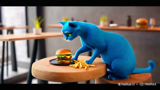一只蓝色的猫在吃汉堡和薯条 by Hailuo AI Video Generator