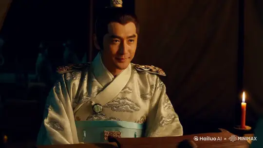 营帐之中，烛火摇曳，一位将军端坐于案前，与校场那位浑身透着肃杀之气的将领全然不同，他散发着儒雅睿智之风。他身着一袭月白色锦袍，衣袂上用银线绣着精致的云纹，行走间，如云般飘逸。腰间束着一条浅蓝色丝带，佩玉温润，轻轻晃动，发出清脆悦耳之声，似在低语着兵法韬略。
面容清俊，肤色白皙，眉如远黛，眼眸温润却又暗藏锐利，恰似静谧湖面下的暗涌，能于谈笑间洞悉敌军谋略。鼻梁秀挺，唇色浅淡，嘴角常含一抹浅笑，让人如沐春风，可军中将士皆知，这浅笑背后是决胜千里的自信。
手中轻摇一把羽扇，扇面上墨绘山水，仿若藏着天地乾坤。每逢战事，他不急于调兵遣将，而是先闭目沉思，须臾，睁开双眼，目光炯炯，开始布局。轻言细语间，将各路人马安排得滴水不漏，传令兵领命而去，他则踱步出帐，遥望星空，羽扇有节奏地开合，似在与星月共商军机。待战鼓擂响，他稳坐中军帐，以智谋操控全局，不动声色间，让敌军陷入彀中，书写属于文人儒将的传奇篇章。 by Hailuo AI Video Generator