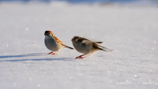 两只麻雀在雪地里打闹 by Hailuo AI Video Generator