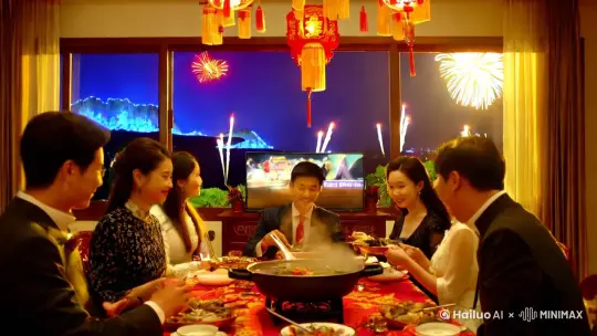 大年30，除夕夜，一家人围坐在饭桌上吃着团圆饭大家有说有笑，电视播着春节节目，窗外正在放着烟花，烟花在空中爆炸绚丽的大花在空中绽放，流露出年的味道 by Hailuo AI Video Generator