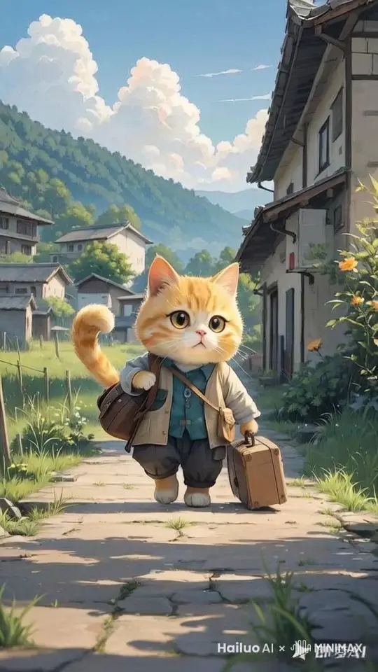 一只拟人化小黄猫，穿着朴素的衣服，背着行李包，走在乡间的小路上，望着即将远去的故乡，眼里充满了无奈。 by Hailuo AI Video Generator