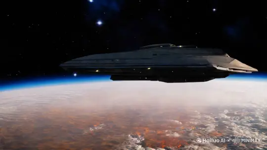 一艘星际战舰横在星球外 by Hailuo AI Video Generator