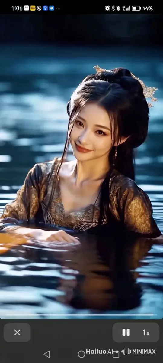 满月之下，湖面微波粼粼，一个美丽的汉服女人在水中嬉戏 by Hailuo AI Video Generator