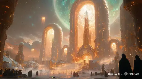 人们缓慢走动，建筑物表面流光溢彩。 by Hailuo AI Video Generator