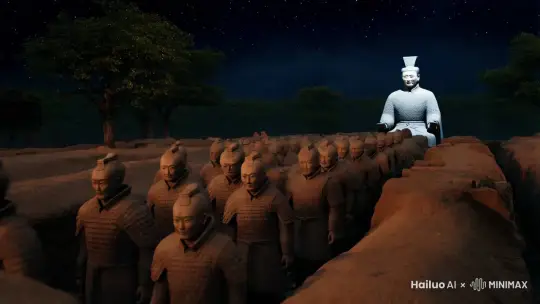 公园2030，秦始皇复活，带领同样复活的兵马俑潜入黑夜中，昼伏夜出，目的地不明 by Hailuo AI Video Generator
