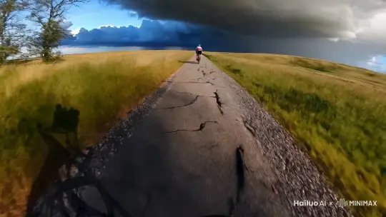 镜头以第一视角展现公路车骑手在广袤草原上高速骑行,超广角镜头中,路面的裂缝与小石子因速度模糊而快速飞退。远方的积雨云正在缓慢聚集,骑手的身影与地面上的草叶被阳光与阴影交错的光线切割,镜头随着骑手快速前进,草原的细节在运动模糊中拉伸,呈现出猛烈的速度感 by Hailuo AI Video Generator