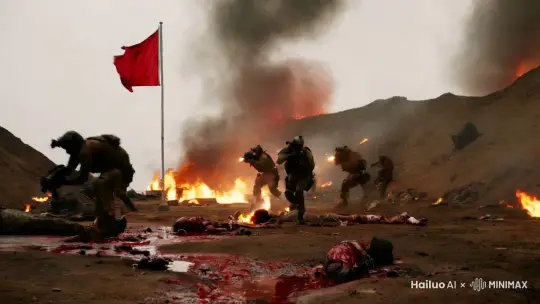 特种部队在战场上，持枪射击，一边走一边打击敌人，身后有火焰爆炸，红旗飘扬，地上都是残肢断臂，血流成河，子弹到处飞舞， by Hailuo AI Video Generator