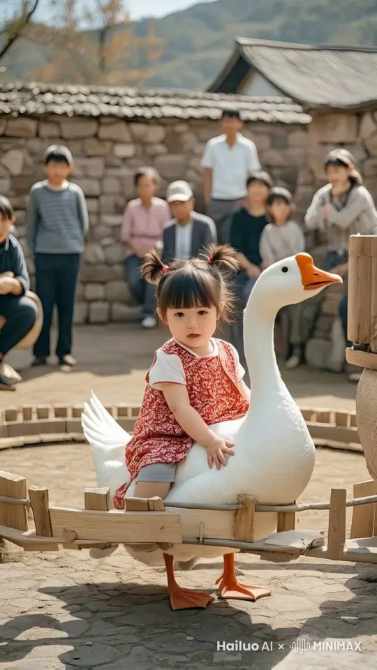 镜头移动，大白鹅在场地中，驮着小女孩飞出了围栏，疯狂向远处奔跑，上蹿下跳，小女孩紧紧骑在大白鹅身上。 by Hailuo AI Video Generator
