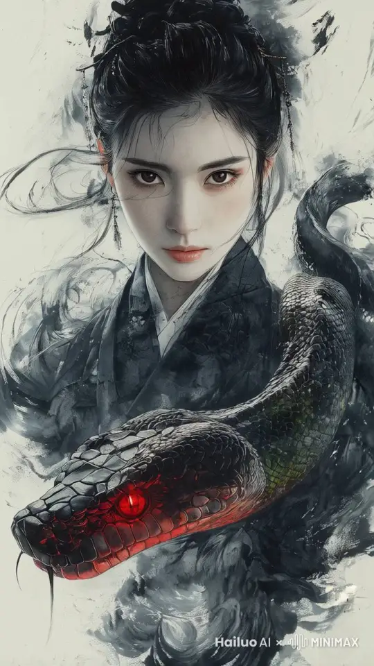 女子发丝随风舞动，大蛇眼睛红光闪烁。 by Hailuo AI Video Generator