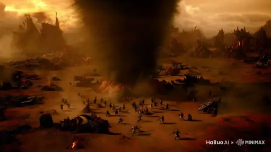 An epic drone shot of an apocalyptic battlefield from high-angle. Tiny soldiers and demons from Hindu mythology being pulled towards a big, humongous dark tornado with streaks of lightning. Heavy wind flowing. Dark brown and orange color palette. --chaos 20 --ar 16:9 --style raw --stylize 600 --v 6.1 by Hailuo AI Video Generator