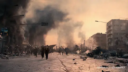 2046年，地球已经被AI机器人控制，在一个破败的，硝烟弥漫的街道上，人们正在疯狂逃窜，背后有大批武装机器人正在追赶。 by Hailuo AI Video Generator