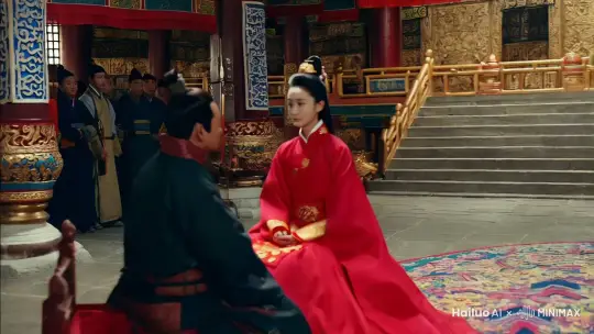 在布达拉宫的宫殿里，来自大唐的公主，身着大红礼服，坐在殿首，而他的旁边，西藏的王，正在看着她。远远的看着，却未上前 by Hailuo AI Video Generator