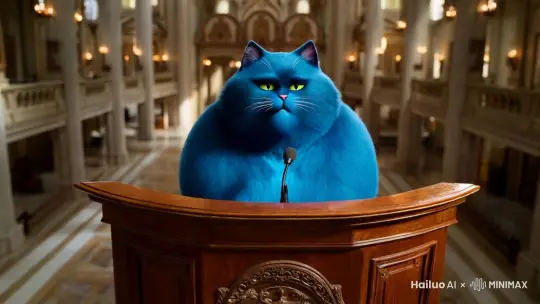 一个蓝色的胖猫，站在演讲台上说话 by Hailuo AI Video Generator