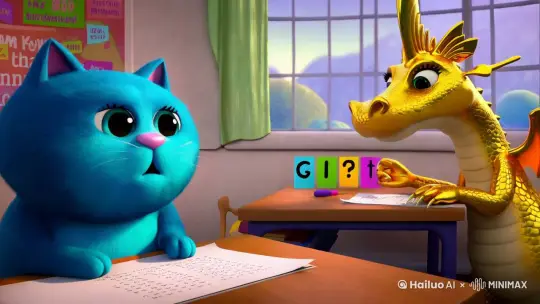 一只蓝色胖胖的猫🐱和一只黄色的龙🐉🐉参加高考 by Hailuo AI Video Generator