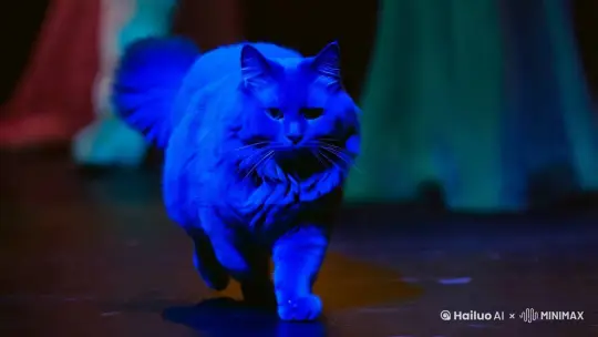一个蓝色的胖猫，舞台上从里面走了出来 by Hailuo AI Video Generator