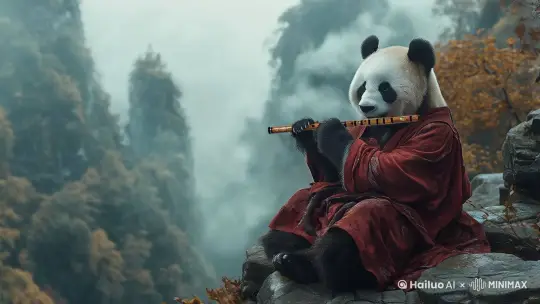 熊猫在吹笛子，镜头慢慢环绕拍摄，群山环绕，烟雾缭绕，人间仙境 by Hailuo AI Video Generator