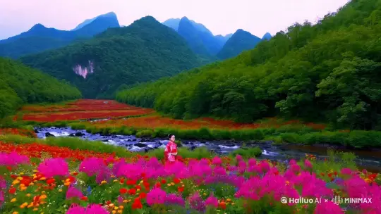 漫山遍野花，郁郁葱葱的树林，小溪，古装美女飘过 by Hailuo AI Video Generator