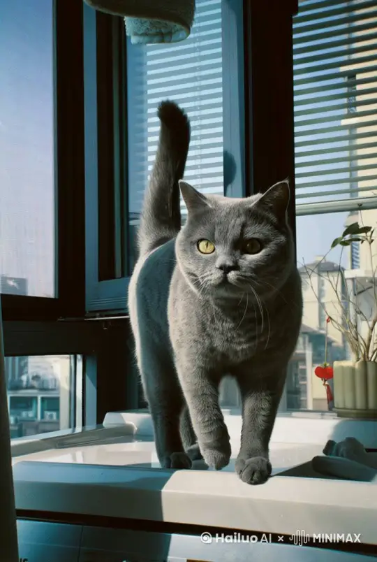 猫坐下嘴里叼着一根未点燃的香烟，一只人手伸出来，用打火机给香烟点火，猫抽了一口烟，吐出烟圈，然后猫咪缓慢的转头看向窗外 by Hailuo AI Video Generator